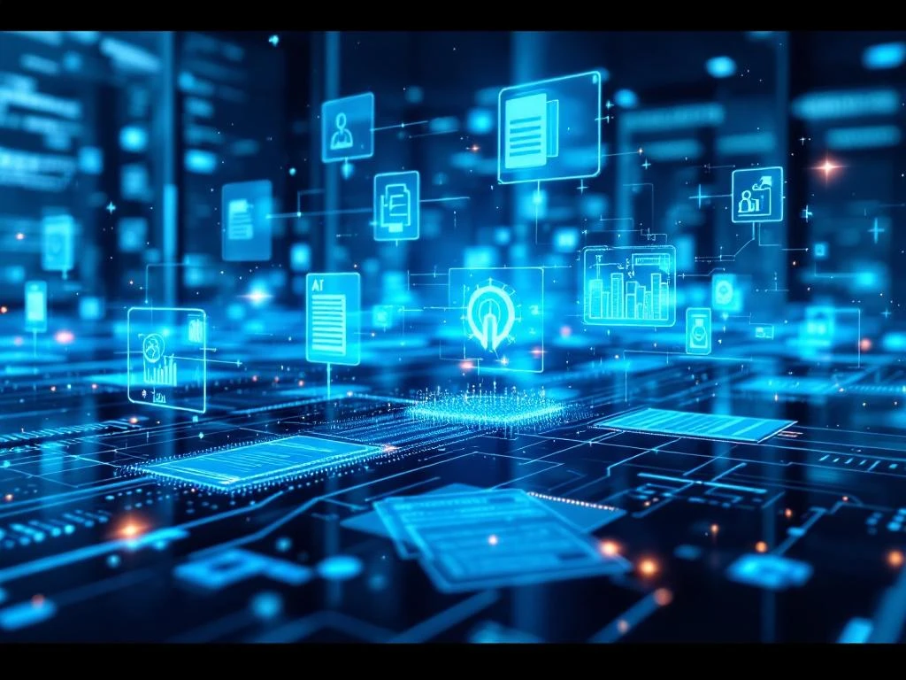 Digital workflow automation showing insurance claim forms transforming into holographic data streams with AI circuit patterns