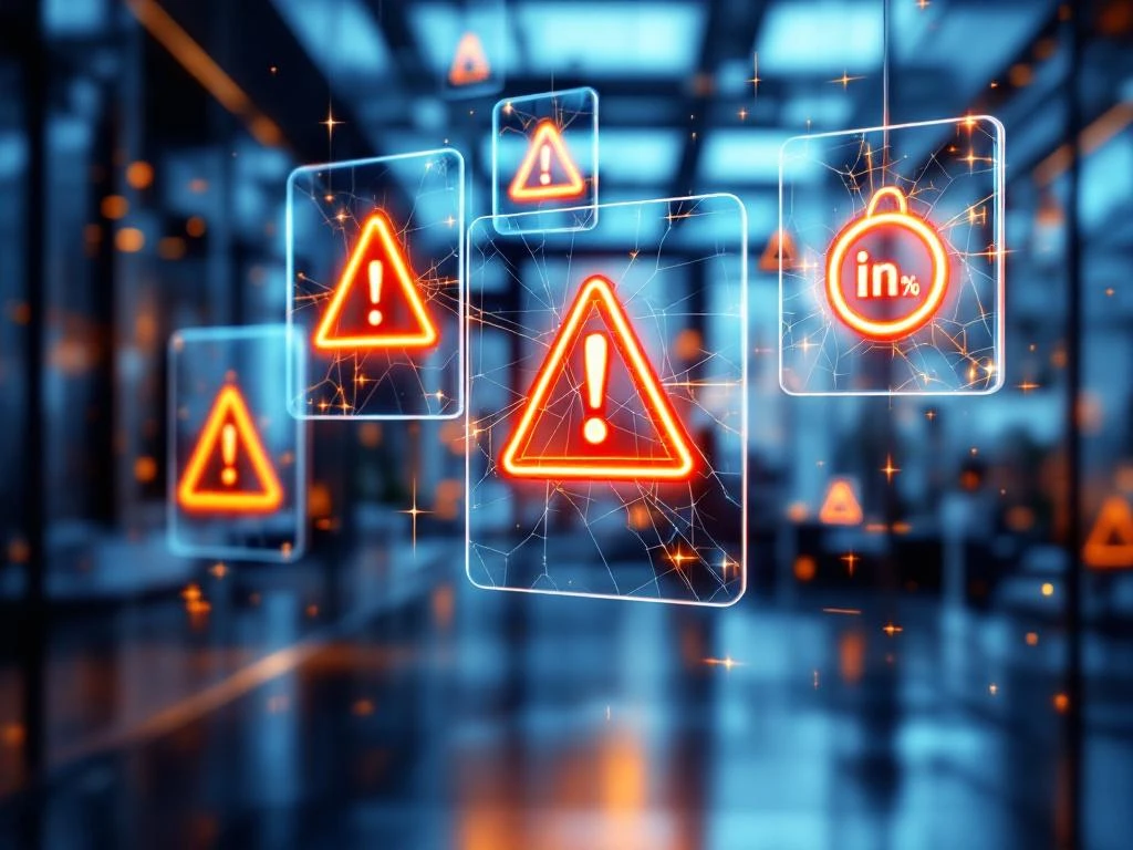 Floating amber warning triangles and red limitation icons around cracked glass panels in corporate setting with digital data streams
