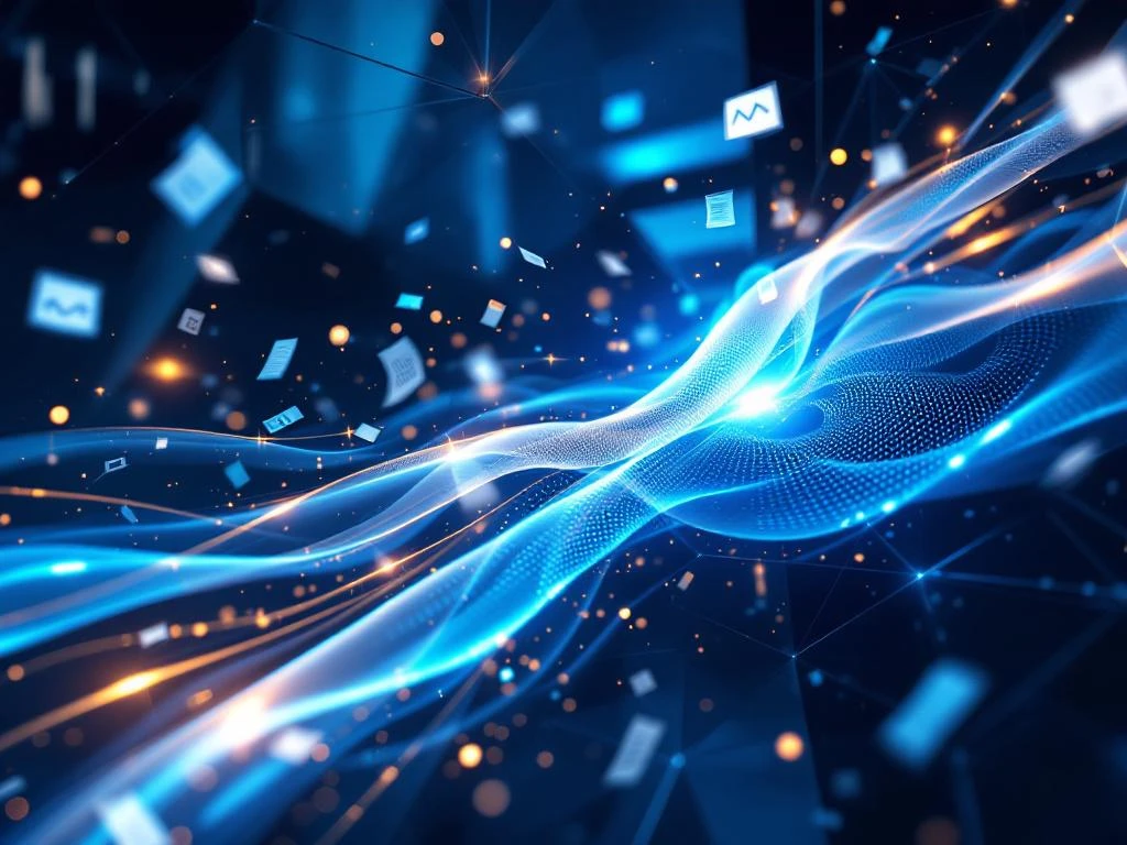 Digital data streams in blue and white flowing through geometric space with golden lighting and document fragments